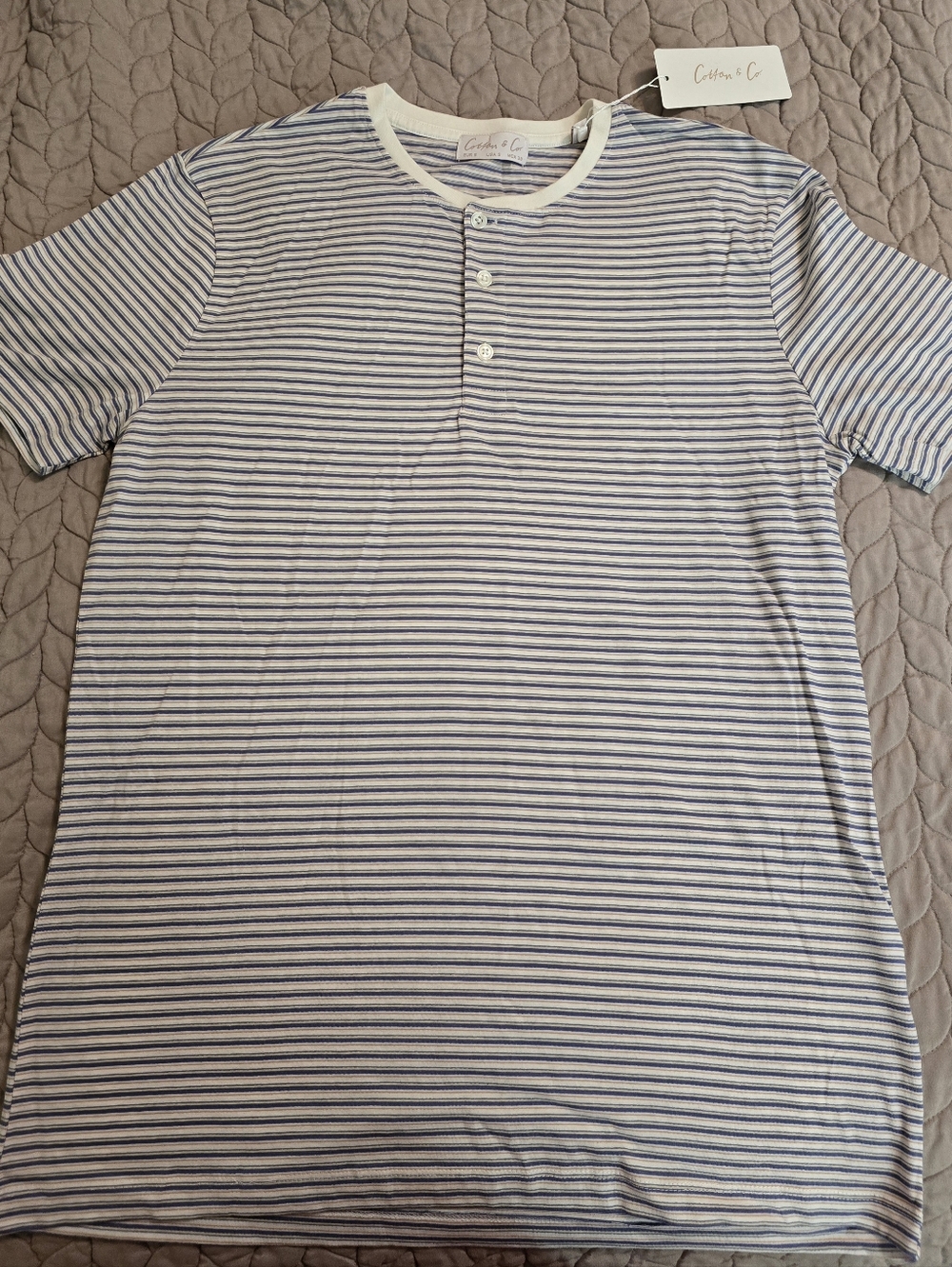NWT Cotton & Co Men's Small Blue and White Stripe Henley Short Sleeve T Shirt